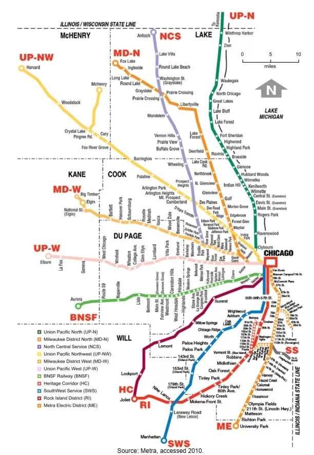 نقشه سیستم شبکه ریلی حومه‌ای شیکاگو یا مترا